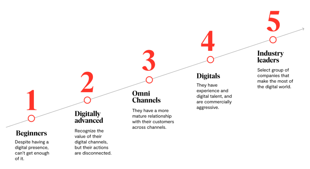 Imagen que muestra gráfico con las 5 tipologías de empresas según su nivel de madurez digital.