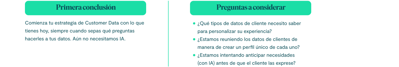 Primera conclusión Comienza tu estrategia de Customer Data con lo que tienes hoy, siempre cuando sepas qué preguntas hacerles a tus datos. Aún no necesitamos IA. Preguntas a considerar: ¿Qué tipos de datos de cliente necesito saber para personalizar su experiencia? ¿Estamos reuniendo los datos de clientes de manera de crear un perfil único de cada uno? ¿Estamos intentando anticipar necesidades (con IA) antes de que el cliente las exprese?