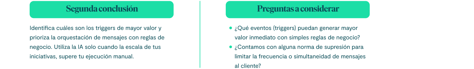 Segunda conclusión Identifica cuáles son los triggers de mayor valor y prioriza la orquestación de mensajes con reglas de negocio. Utiliza la IA solo cuando la escala de tus iniciativas, supere tu ejecución manual. Preguntas a considerar: ¿Qué eventos (triggers) puedan generar mayor valor inmediato con simples reglas de negocio? ¿Contamos con alguna norma de supresión para limitar la frecuencia o simultaneidad de mensajes al cliente?
