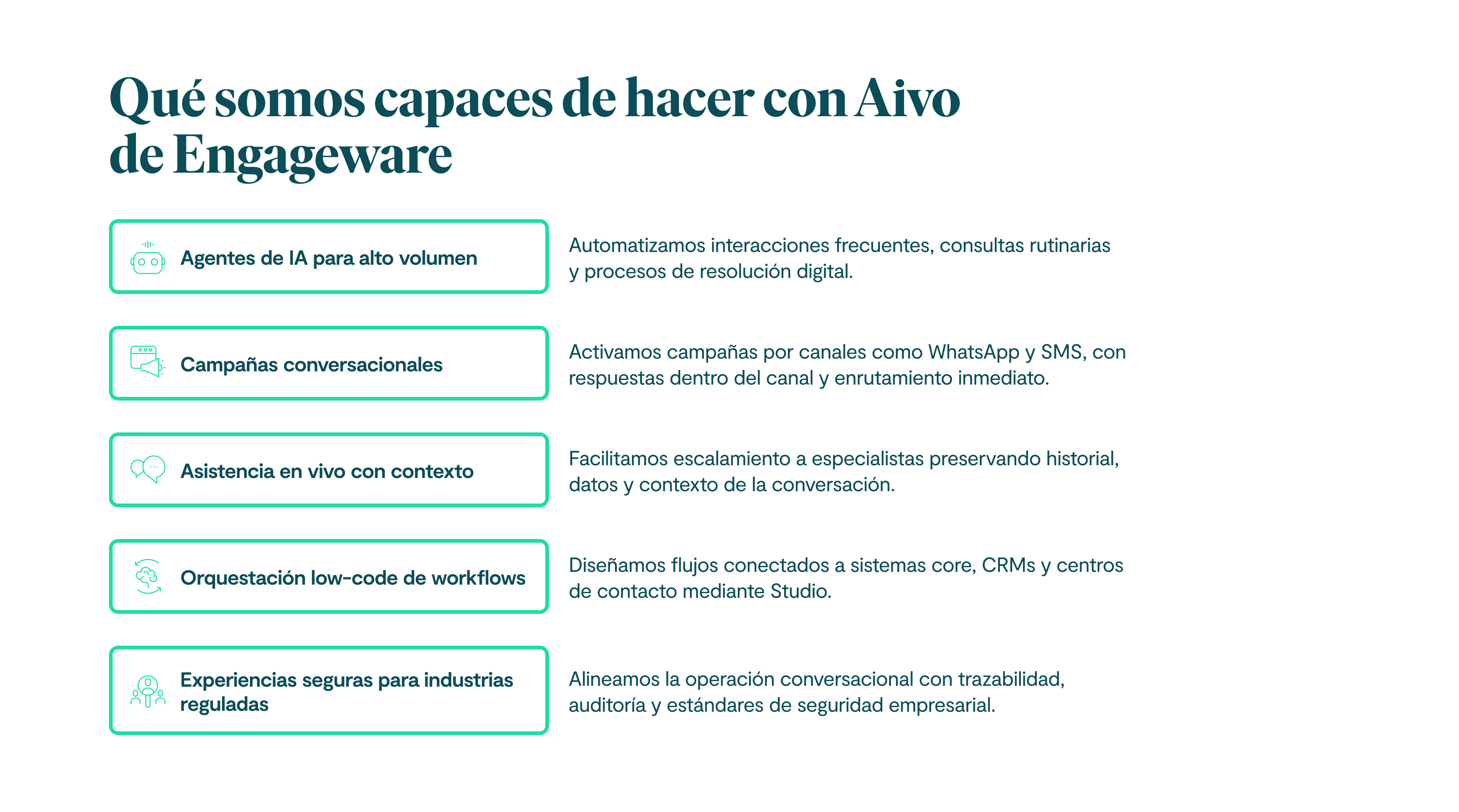 Qué somos capaces de hacer con Aivo de Engageware: 1. Agentes de IA para alto volumen: Automatizamos interacciones frecuentes, consultas rutinarias y procesos de resolución digital. 2. Campañas conversacionales: Activamos campañas por canales como WhatsApp y SMS, con respuestas dentro del canal y enrutamiento inmediato. 3. Asistencia en vivo con contexto: Facilitamos escalamiento a especialistas preservando historial, datos y contexto de la conversación. 4. Orquestación low-code de workflows: Diseñamos flujos conectados a sistemas core, CRMs y centros de contacto mediante Studio. 5. Experiencias seguras para industrias reguladas: Alineamos la operación conversacional con trazabilidad, auditoría y estándares de seguridad empresarial.