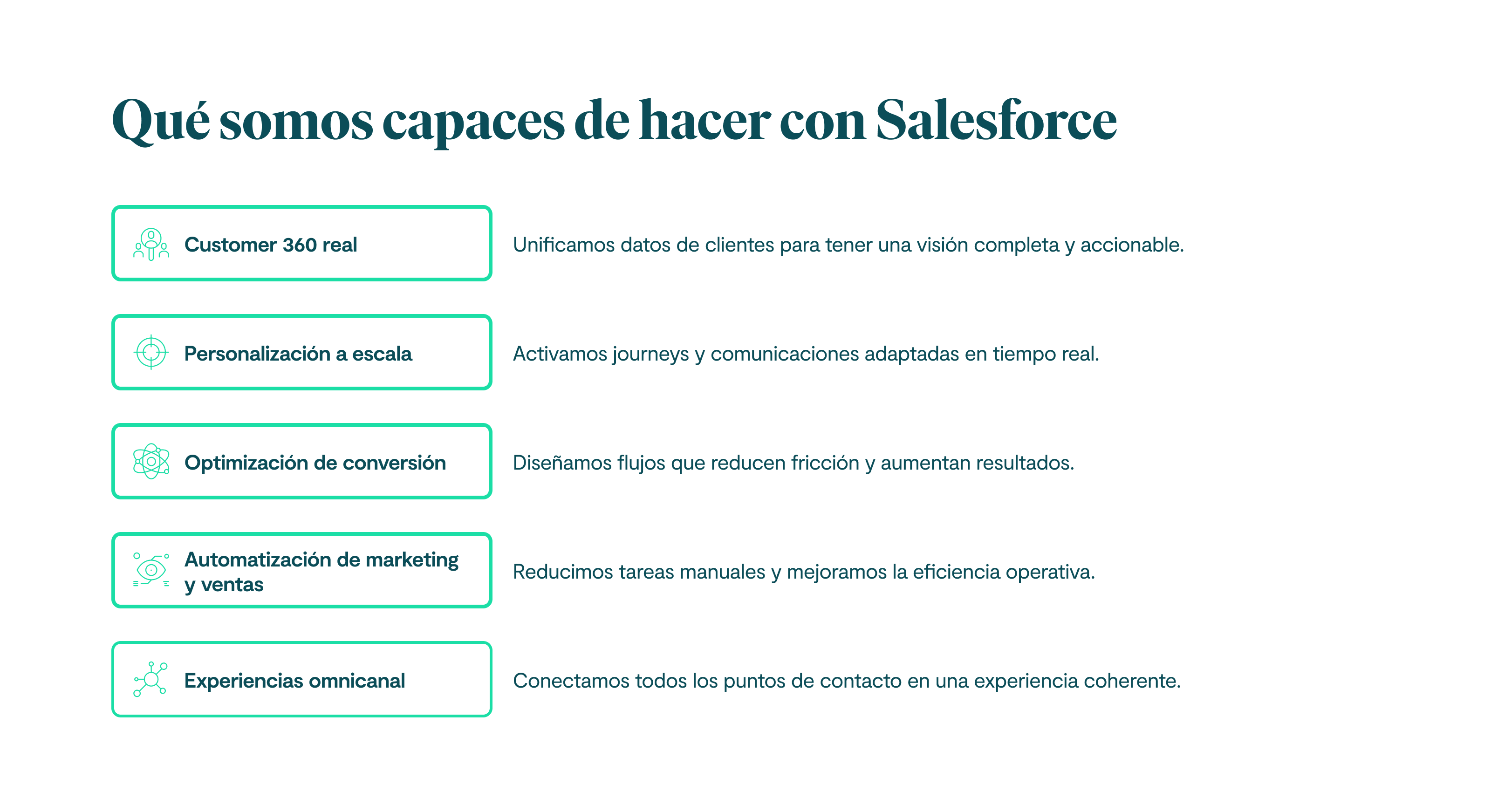 Qué somos capaces de hacer con Salesforce Customer 360 real Unificamos datos de clientes para tener una visión completa y accionable. Personalización a escala Activamos journeys y comunicaciones adaptadas en tiempo real. Optimización de conversión Diseñamos flujos que reducen fricción y aumentan resultados. Automatización de marketing y ventas Reducimos tareas manuales y mejoramos la eficiencia operativa. Experiencias omnicanal Conectamos todos los puntos de contacto en una experiencia coherente.