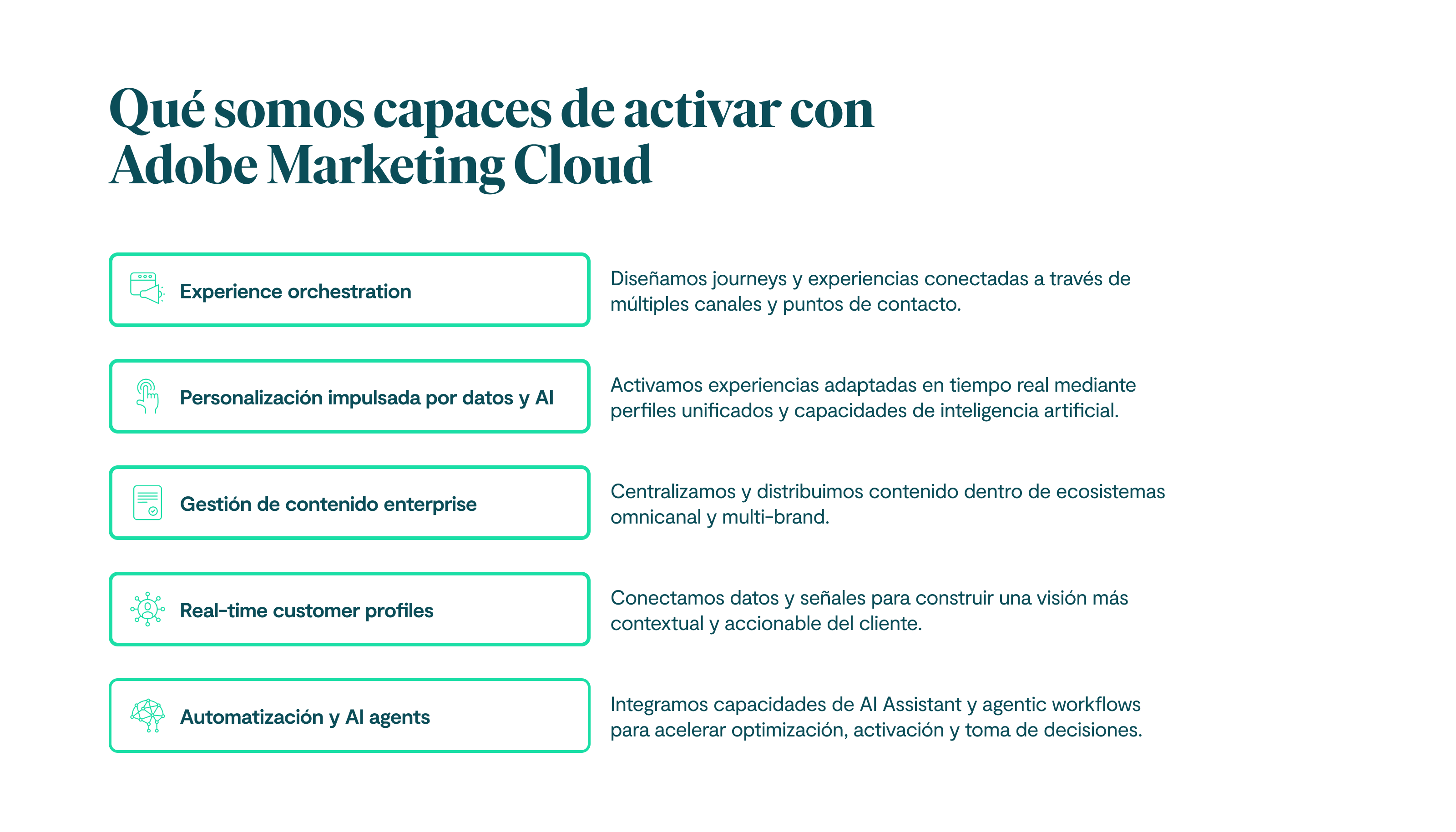 Qué somos capaces de activar con Adobe Marketing Cloud Experience orchestration Diseñamos journeys y experiencias conectadas a través de múltiples canales y puntos de contacto. Personalización impulsada por datos y AI Activamos experiencias adaptadas en tiempo real mediante perfiles unificados y capacidades de inteligencia artificial. Gestión de contenido enterprise Centralizamos y distribuimos contenido dentro de ecosistemas omnicanal y multi-brand. Real-time customer profiles Conectamos datos y señales para construir una visión más contextual y accionable del cliente. Automatización y AI agents Integramos capacidades de AI Assistant y agentic workflows para acelerar optimización, activación y toma de decisiones.