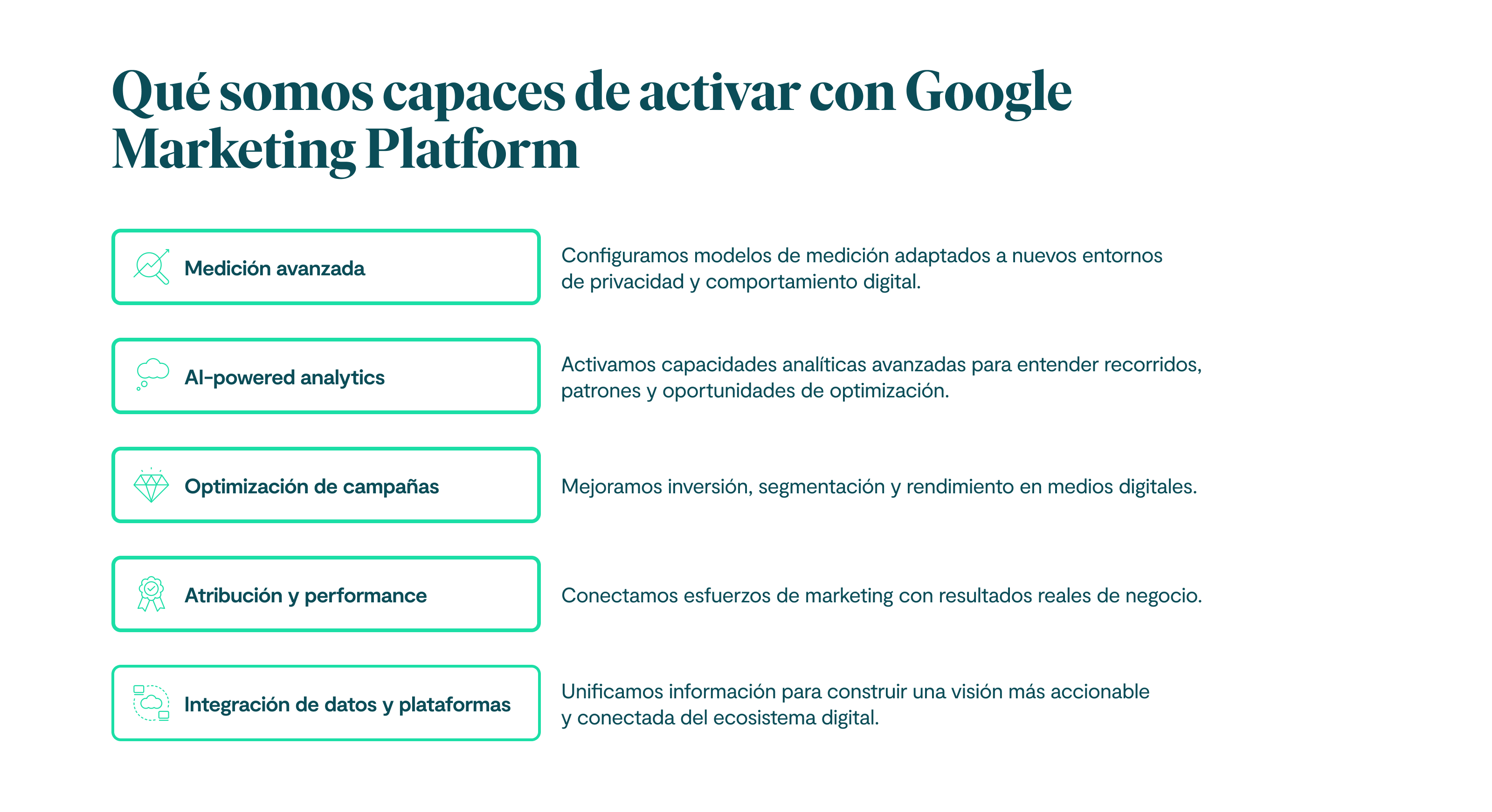 Qué somos capaces de activar con Google Marketing Platform Medición avanzada Configuramos modelos de medición adaptados a nuevos entornos de privacidad y comportamiento digital. AI-powered analytics Activamos capacidades analíticas avanzadas para entender recorridos, patrones y oportunidades de optimización. Optimización de campañas Mejoramos inversión, segmentación y rendimiento en medios digitales. Atribución y performance Conectamos esfuerzos de marketing con resultados reales de negocio. Integración de datos y plataformas Unificamos información para construir una visión más accionable y conectada del ecosistema digital.