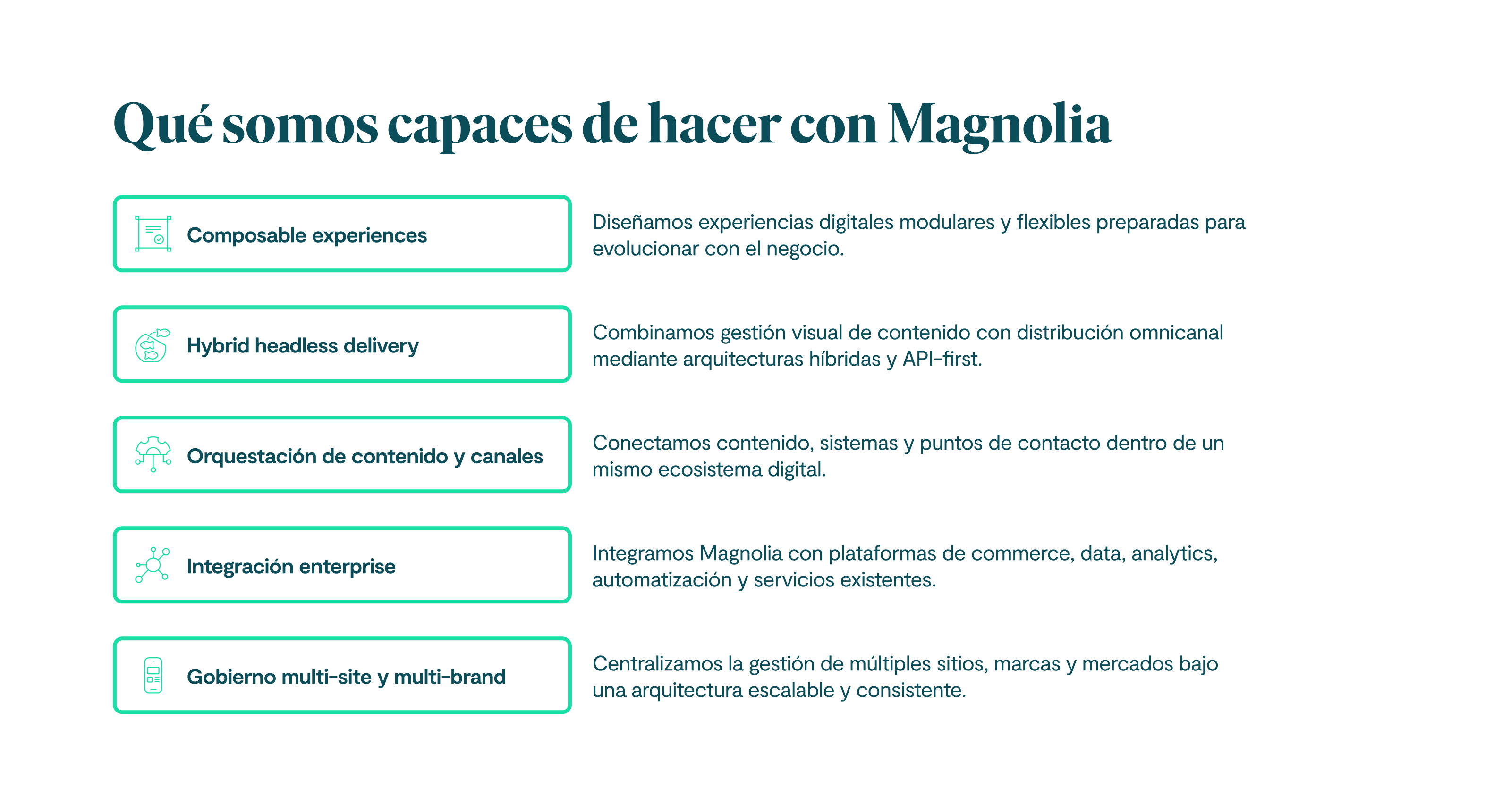 Qué somos capaces de hacer con Magnolia Composable experiences Diseñamos experiencias digitales modulares y flexibles preparadas para evolucionar con el negocio. Hybrid headless delivery Combinamos gestión visual de contenido con distribución omnicanal mediante arquitecturas híbridas y API-first. Orquestación de contenido y canales Conectamos contenido, sistemas y puntos de contacto dentro de un mismo ecosistema digital. Integración enterprise Integramos Magnolia con plataformas de commerce, data, analytics, automatización y servicios existentes. Gobierno multi-site y multi-brand Centralizamos la gestión de múltiples sitios, marcas y mercados bajo una arquitectura escalable y consistente.
