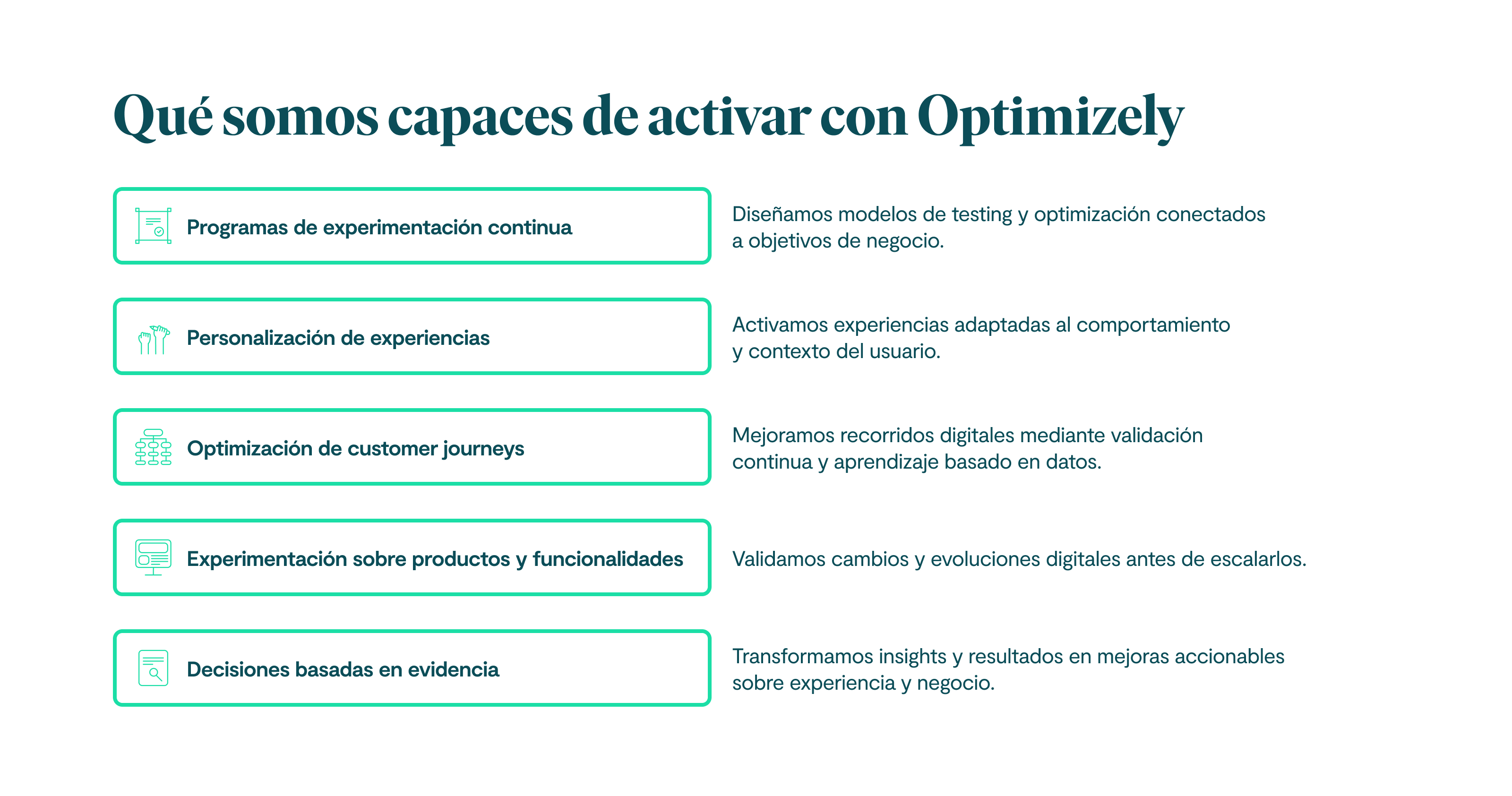 Qué somos capaces de activar con Optimizely Programas de experimentación continua Diseñamos modelos de testing y optimización conectados a objetivos de negocio. Personalización de experiencias Activamos experiencias adaptadas al comportamiento y contexto del usuario. Optimización de customer journeys Mejoramos recorridos digitales mediante validación continua y aprendizaje basado en datos. Experimentación sobre productos y funcionalidades Validamos cambios y evoluciones digitales antes de escalarlos. Decisiones basadas en evidencia Transformamos insights y resultados en mejoras accionables sobre experiencia y negocio.