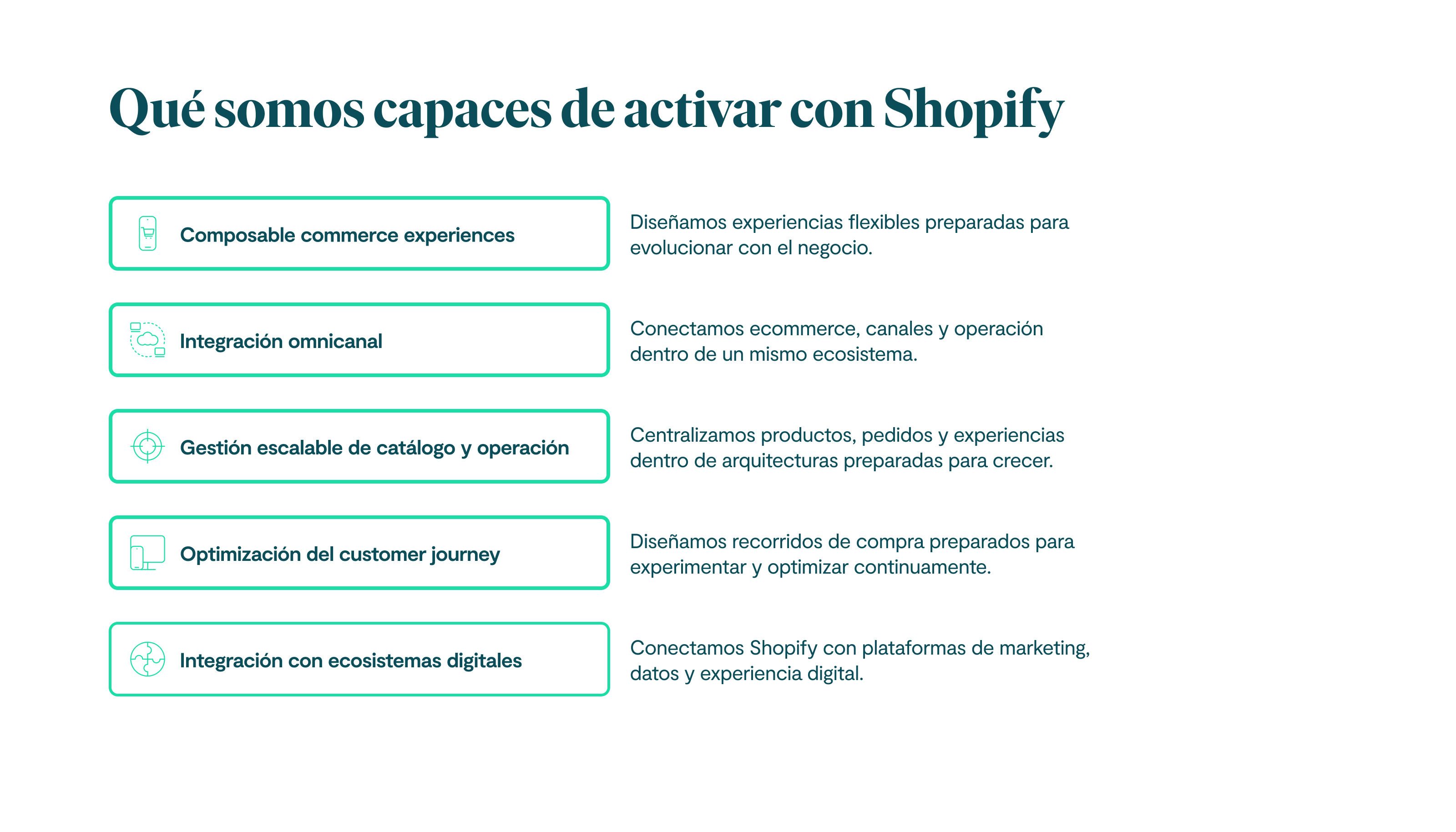 Qué somos capaces de activar con Shopify Composable commerce experiences Diseñamos experiencias flexibles preparadas para evolucionar con el negocio. Integración omnicanal Conectamos ecommerce, canales y operación dentro de un mismo ecosistema. Gestión escalable de catálogo y operación Centralizamos productos, pedidos y experiencias dentro de arquitecturas preparadas para crecer. Optimización del customer journey Diseñamos recorridos de compra preparados para experimentar y optimizar continuamente. Integración con ecosistemas digitales Conectamos Shopify con plataformas de marketing, datos y experiencia digital.