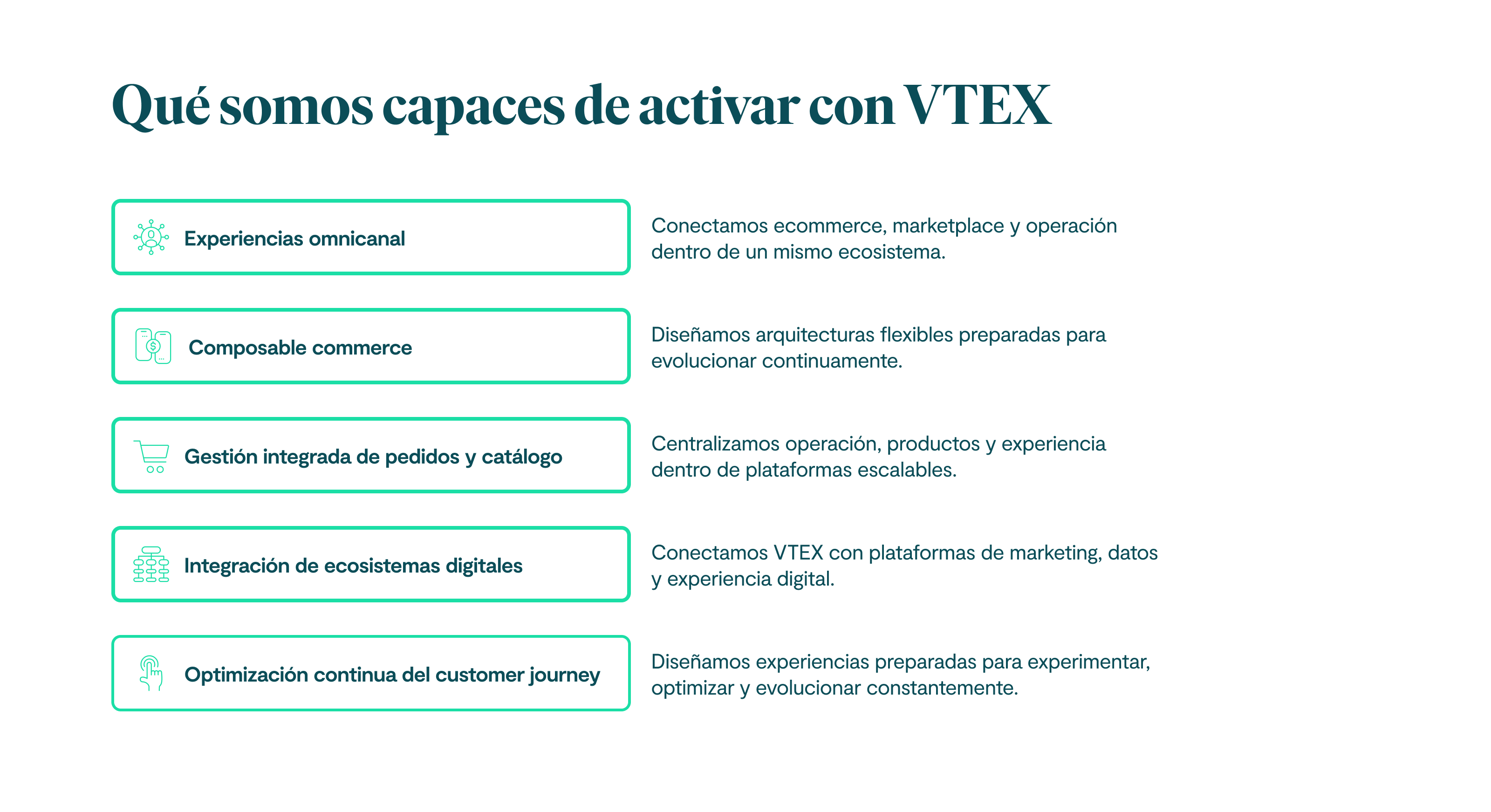 Qué somos capaces de activar con VTEX Experiencias omnicanal Conectamos ecommerce, marketplace y operación dentro de un mismo ecosistema. Composable commerce Diseñamos arquitecturas flexibles preparadas para evolucionar continuamente. Gestión integrada de pedidos y catálogo Centralizamos operación, productos y experiencia dentro de plataformas escalables. Integración de ecosistemas digitales Conectamos VTEX con plataformas de marketing, datos y experiencia digital. Optimización continua del customer journey Diseñamos experiencias preparadas para experimentar, optimizar y evolucionar constantemente.
