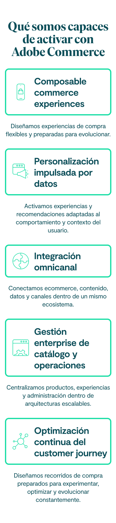 Qué somos capaces de activar con Adobe Commerce Composable commerce experiences Diseñamos experiencias de compra flexibles y preparadas para evolucionar. Personalización impulsada por datos Activamos experiencias y recomendaciones adaptadas al comportamiento y contexto del usuario. Integración omnicanal Conectamos ecommerce, contenido, datos y canales dentro de un mismo ecosistema. Gestión enterprise de catálogo y operaciones Centralizamos productos, experiencias y administración dentro de arquitecturas escalables. Optimización continua del customer journey Diseñamos recorridos de compra preparados para experimentar, optimizar y evolucionar constantemente.