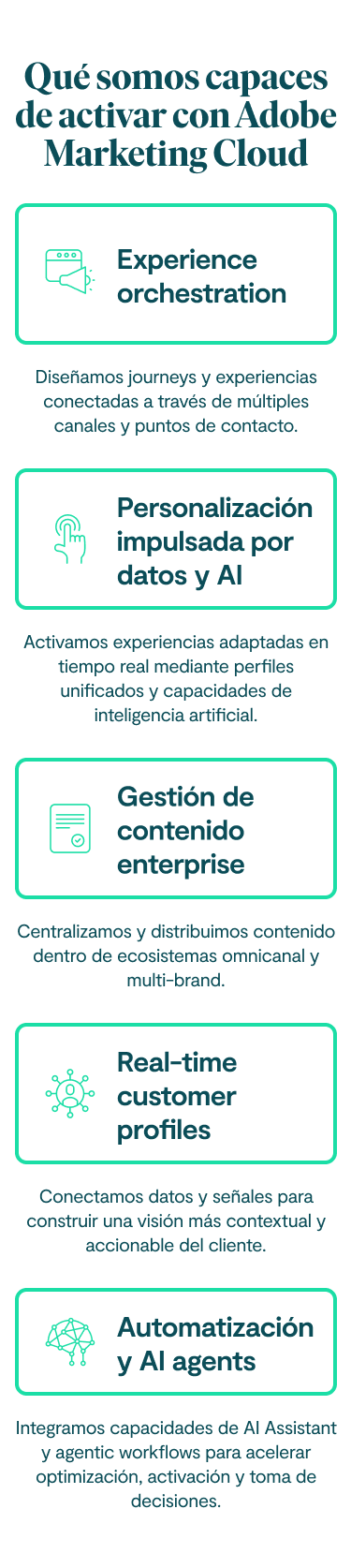 Qué somos capaces de activar con Adobe Marketing Cloud Experience orchestration Diseñamos journeys y experiencias conectadas a través de múltiples canales y puntos de contacto. Personalización impulsada por datos y AI Activamos experiencias adaptadas en tiempo real mediante perfiles unificados y capacidades de inteligencia artificial. Gestión de contenido enterprise Centralizamos y distribuimos contenido dentro de ecosistemas omnicanal y multi-brand. Real-time customer profiles Conectamos datos y señales para construir una visión más contextual y accionable del cliente. Automatización y AI agents Integramos capacidades de AI Assistant y agentic workflows para acelerar optimización, activación y toma de decisiones.