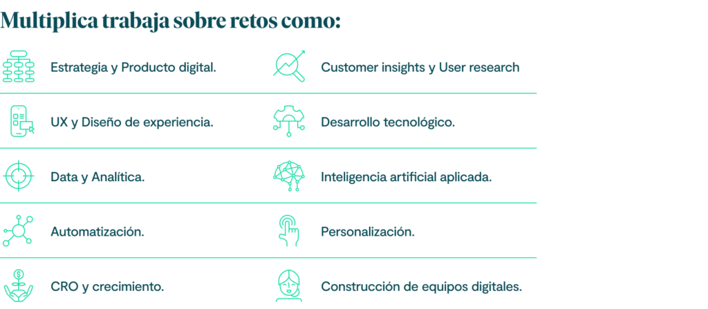 Multiplica trabaja sobre retos como:
estrategia y producto digital;
customer insights y user research;
UX y diseño de experiencia;
desarrollo tecnológico;
data y analítica;
inteligencia artificial aplicada;
automatización;
personalización;
CRO y crecimiento;
construcción de equipos digitales.