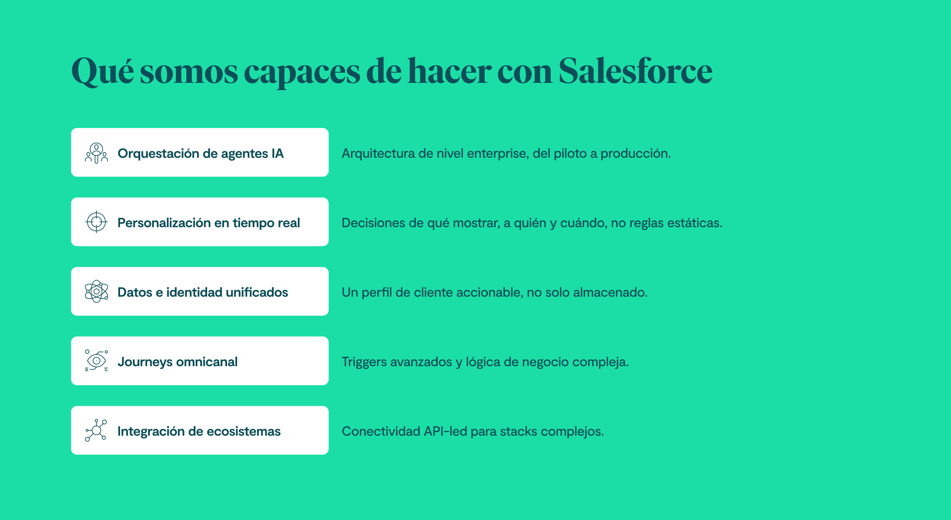 Qué somos capaces de hacer con Salesforce: 1. Orquestación de agentes IA: Arquitectura de nivel enterprise, del piloto a producción. 2. Personalización en tiempo real: Decisiones de qué mostrar, a quién y cuándo — no reglas estáticas. 3. Datos e identidad unificados: Un perfil de cliente accionable, no solo almacenado. 4. Journeys omnicanal: Triggers avanzados y lógica de negocio compleja. 5. Integración de ecosistemas: Conectividad API-led para stacks complejos.