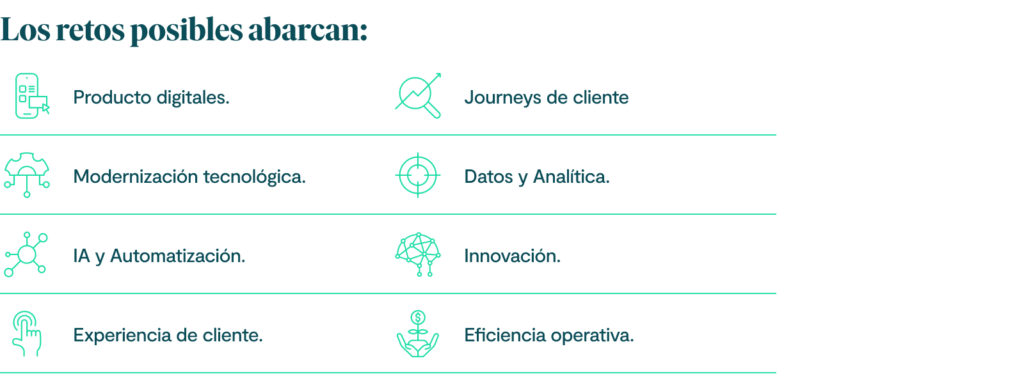 Los retos posibles abarcan:
productos digitales;
journeys de cliente;
modernización tecnológica;
datos y analítica;
IA y automatización;
innovación;
experiencia de cliente;
eficiencia operativa.