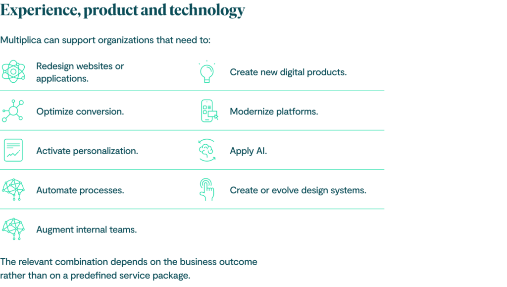 Experience, product and technology
Multiplica can support organizations that need to:
redesign websites or applications;
create new digital products;
optimize conversion;
modernize platforms;
activate personalization;
apply AI;
automate processes;
create or evolve design systems;
augment internal teams.
The relevant combination depends on the business outcome rather than on a predefined service package.